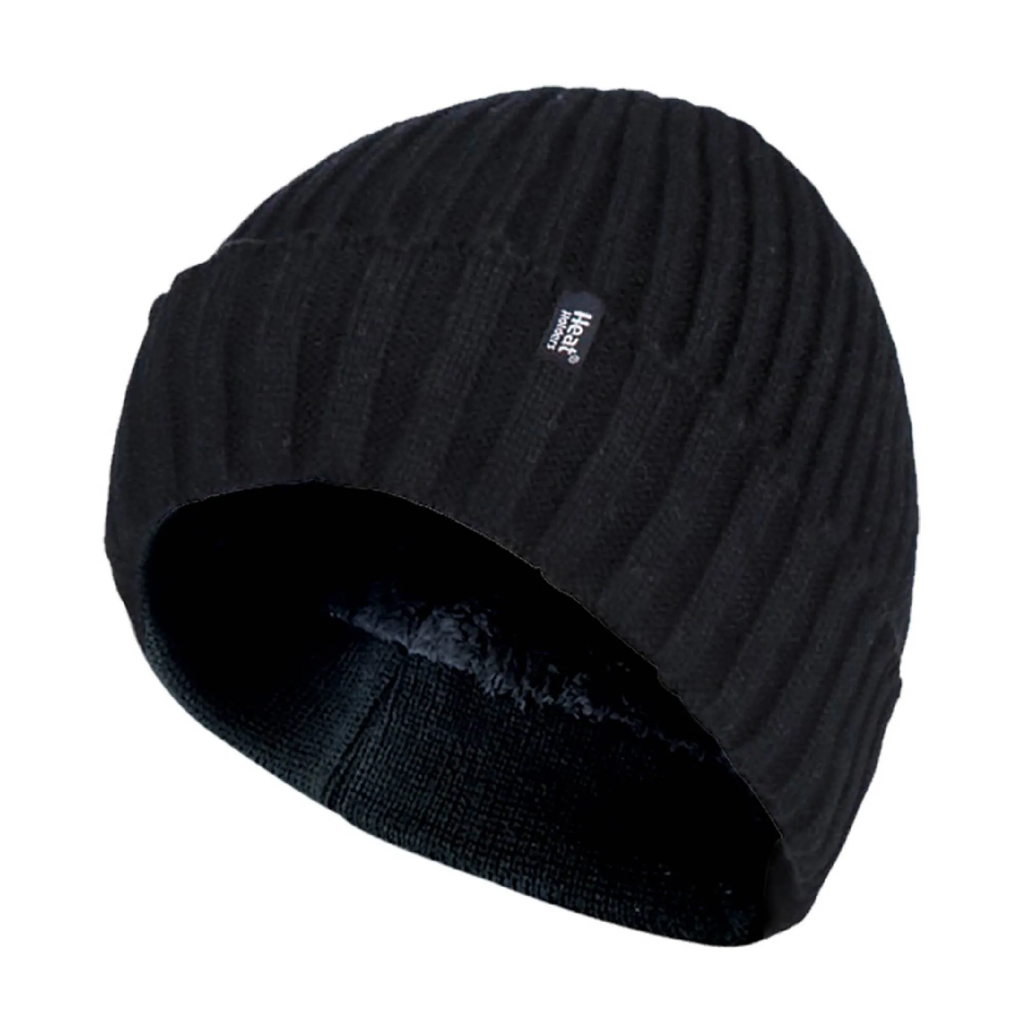 Mens Ribbed Knit Fleece Lined Turn Over Cuff Thermal Beanie Hat