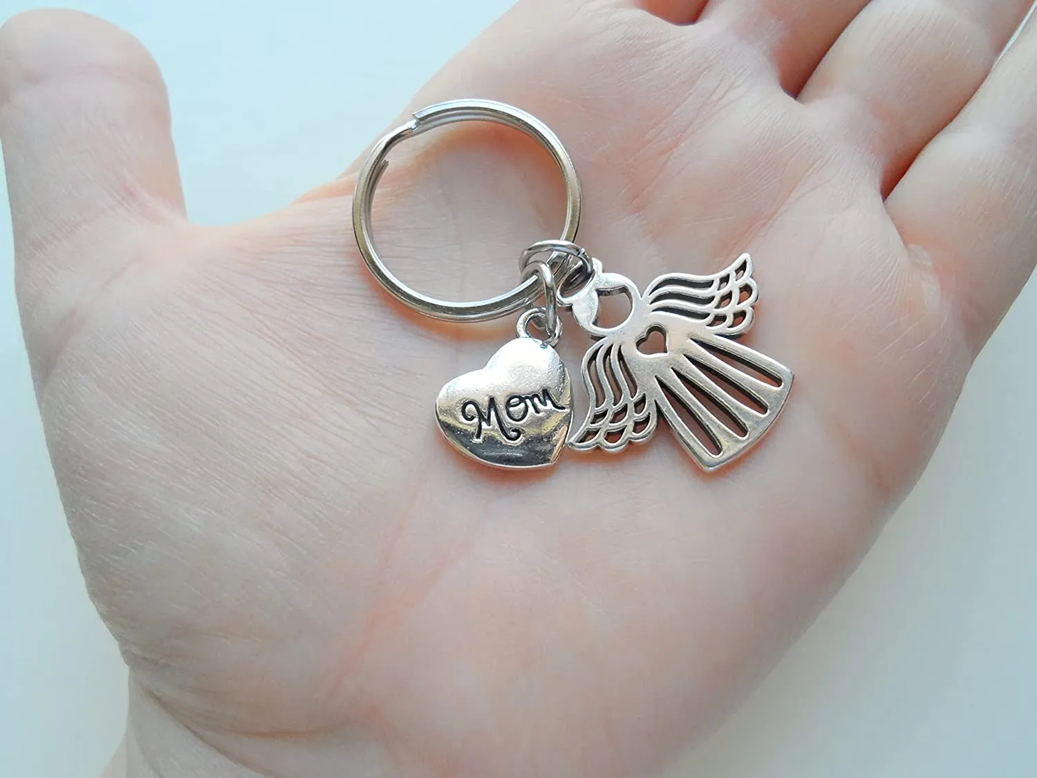 Mom Memorial Keychain, Angel Charm and Mom Heart Charm; My Guardian Angel Keychain
