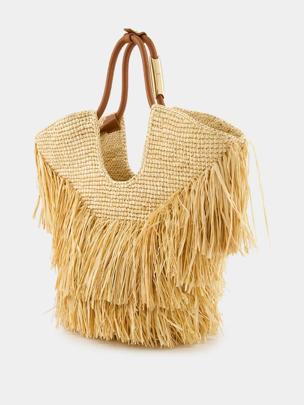 Natural Goldentime Small Raffia Fringe Tote