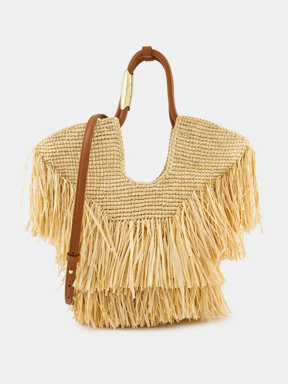 Natural Goldentime Small Raffia Fringe Tote