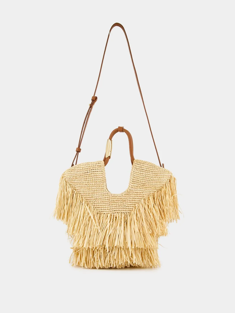 Natural Goldentime Small Raffia Fringe Tote