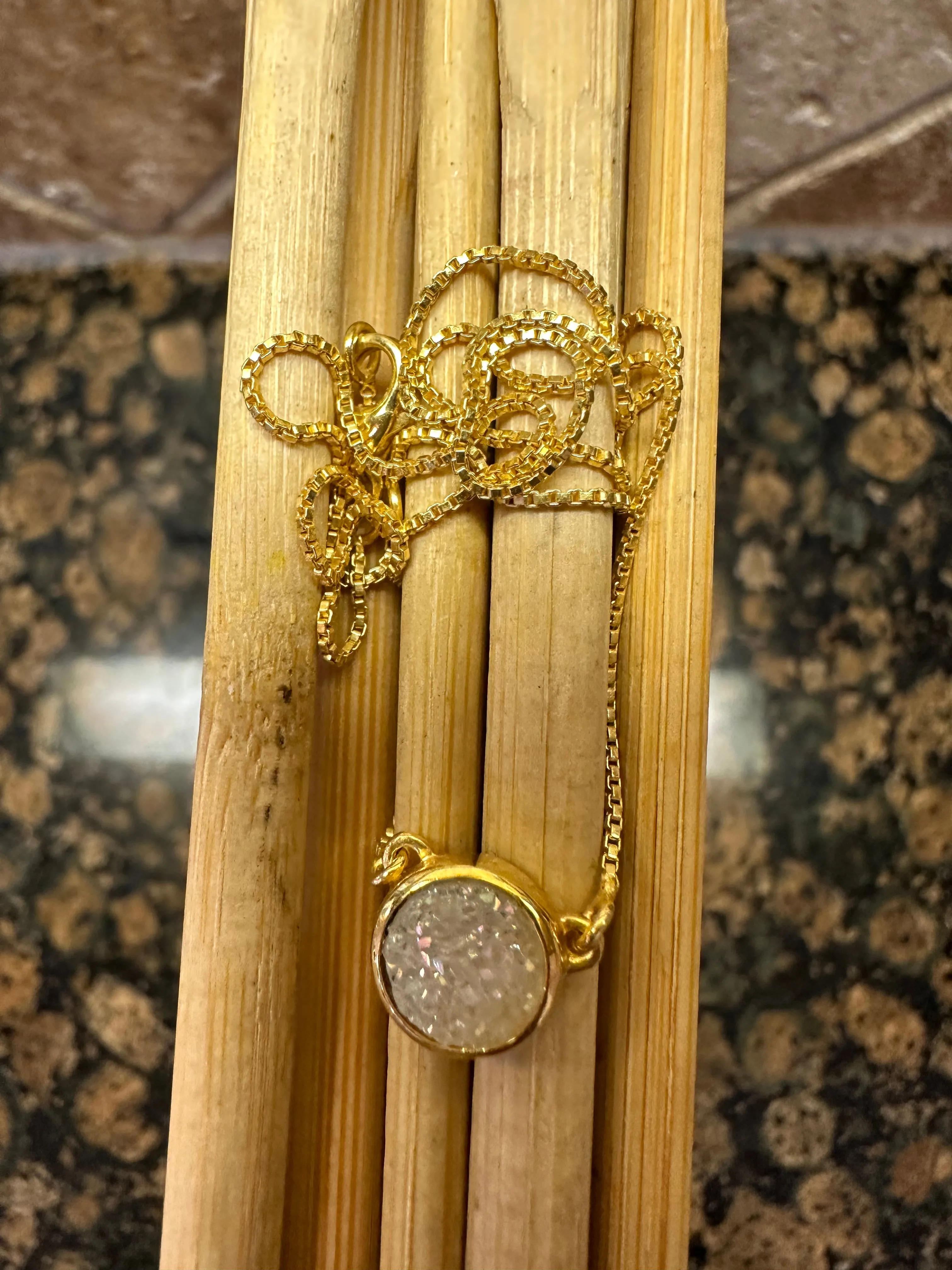 Natural Pearl Window Druzy 14k Vermeil Gold Cluster Necklace 18"