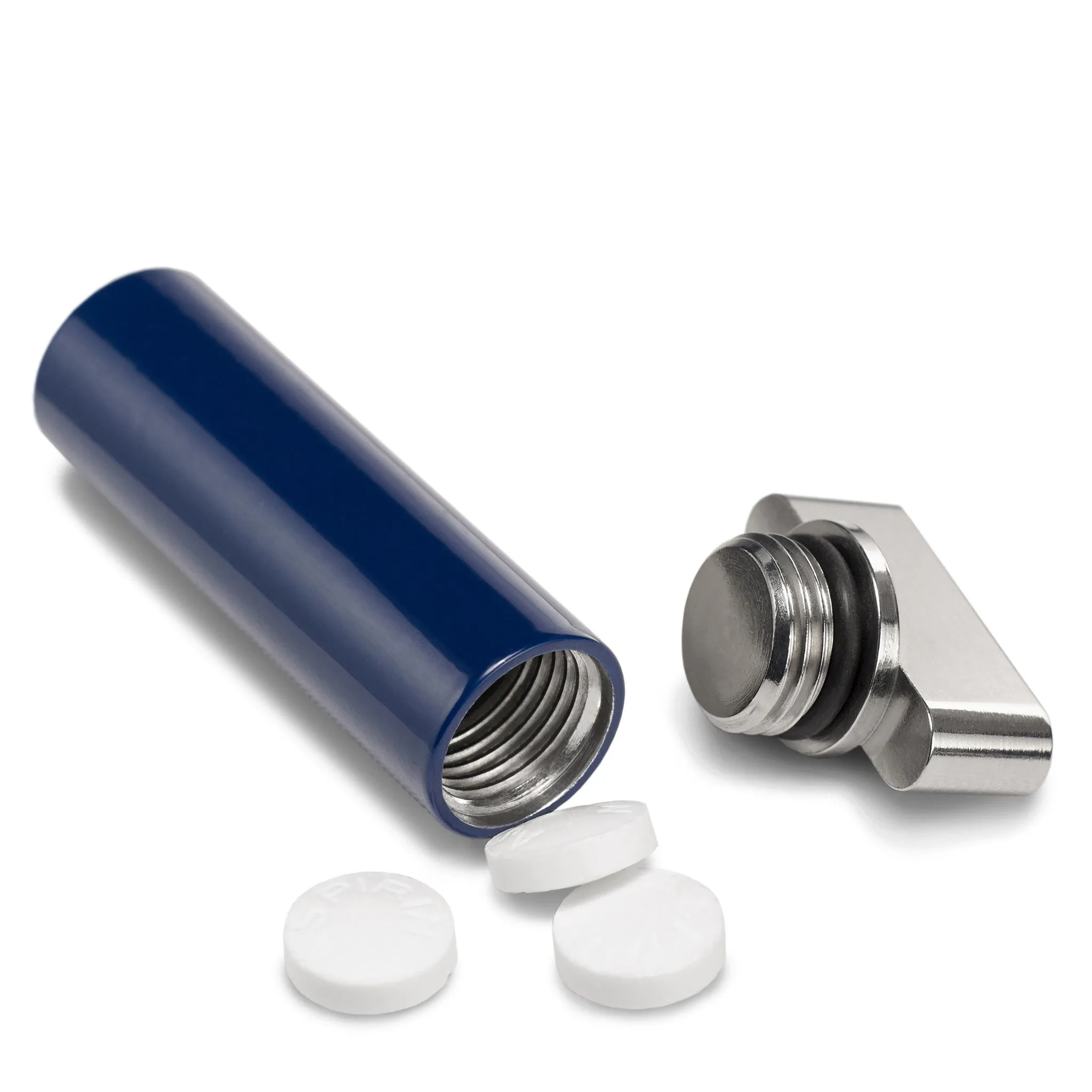 Navy & Stainless Steel Keychain Pill Holder