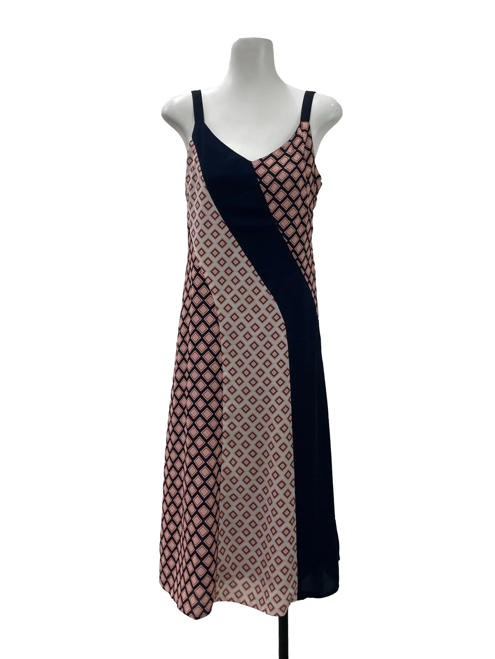 Navy Patterned V Neck Dress