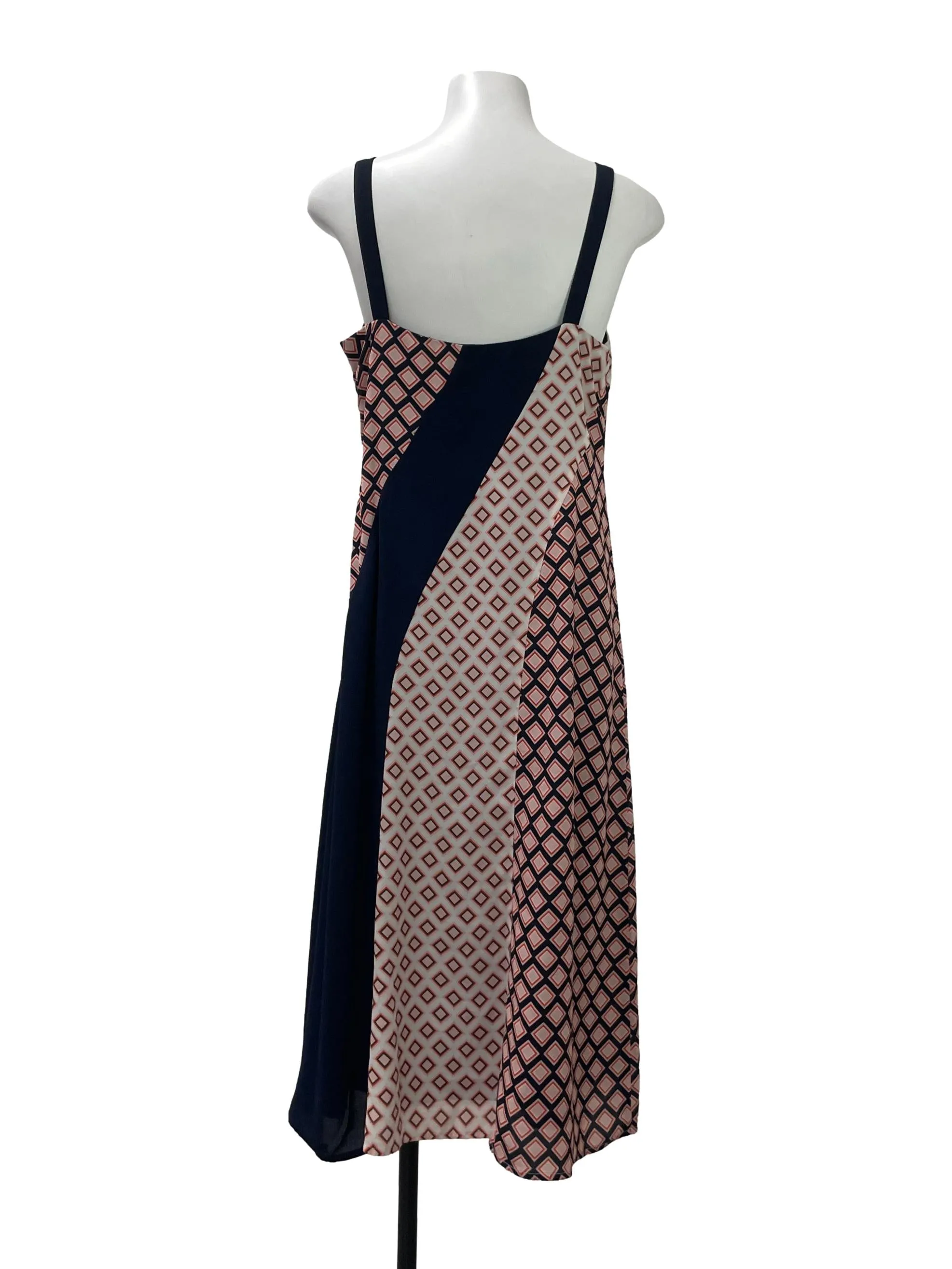 Navy Patterned V Neck Dress