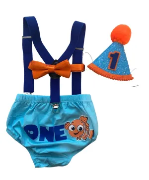 Nemo Theme Smash the Cake Outfit Boy Birthday Outfit 3 Piece Set