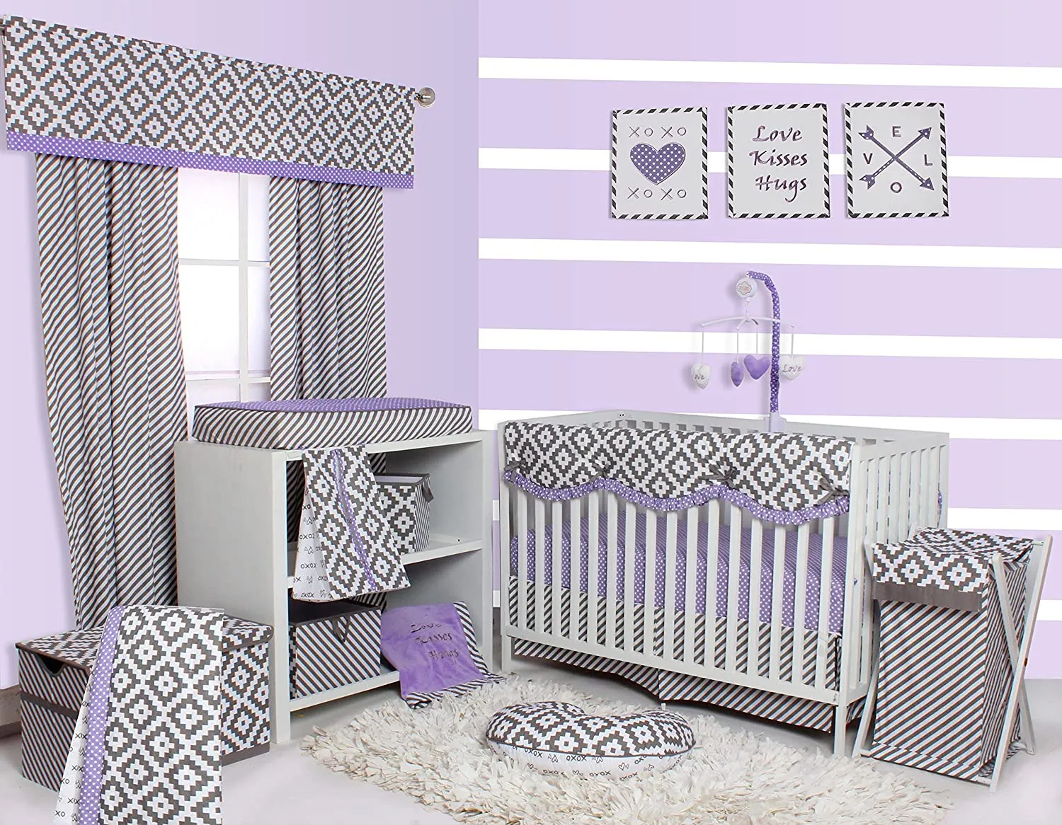 New Bacati Love 10 Piece Crib Set Percale Fabrics with Long Side Rail Guard, Grey/Lilac! Retails $200 