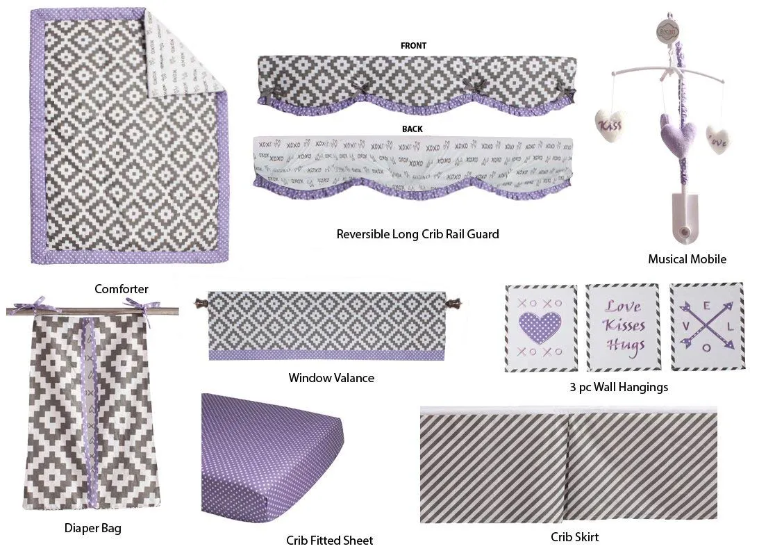 New Bacati Love 10 Piece Crib Set Percale Fabrics with Long Side Rail Guard, Grey/Lilac! Retails $200 