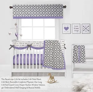 New Bacati Love 10 Piece Crib Set Percale Fabrics with Long Side Rail Guard, Grey/Lilac! Retails $200 