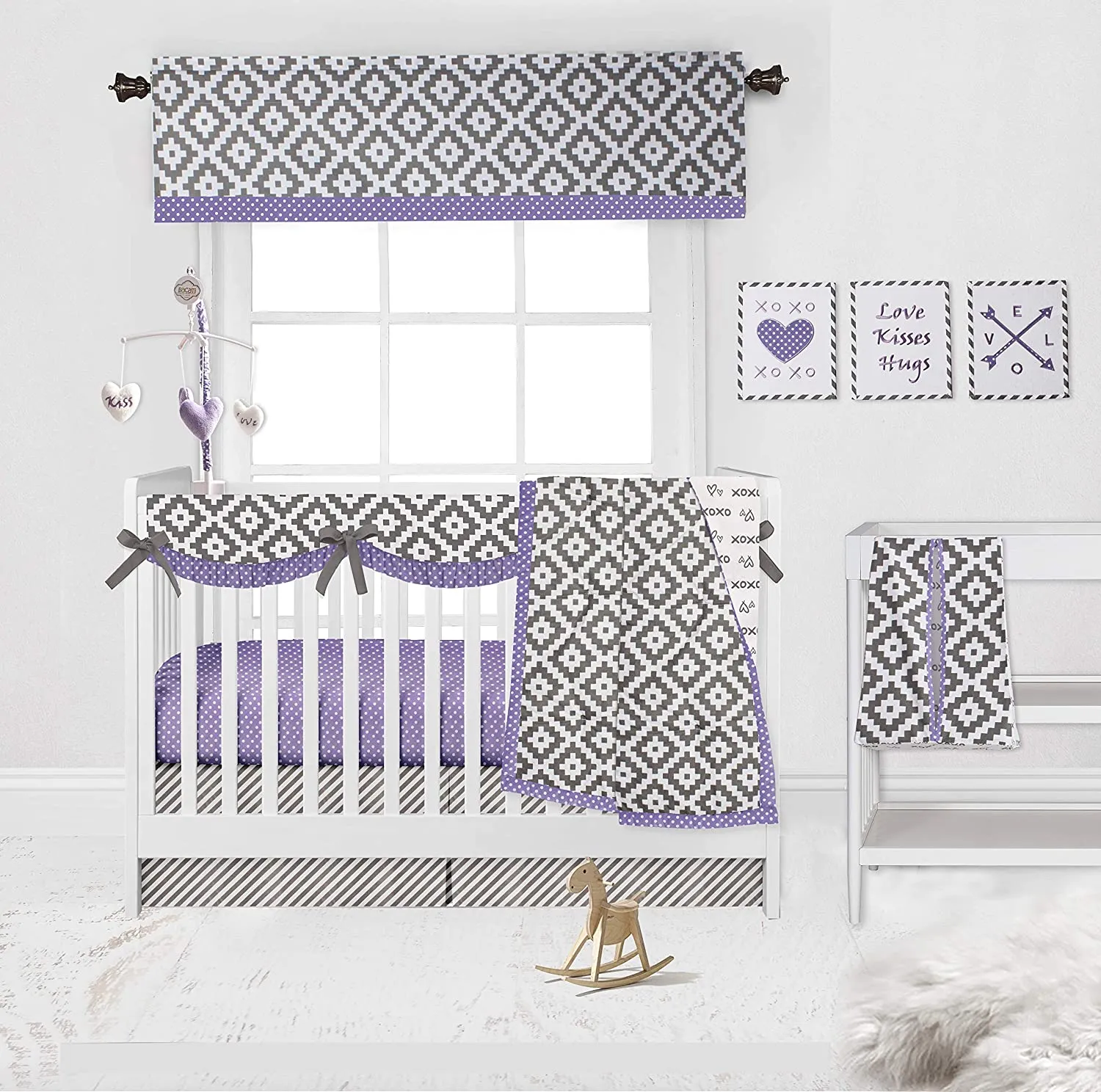 New Bacati Love 10 Piece Crib Set Percale Fabrics with Long Side Rail Guard, Grey/Lilac! Retails $200 