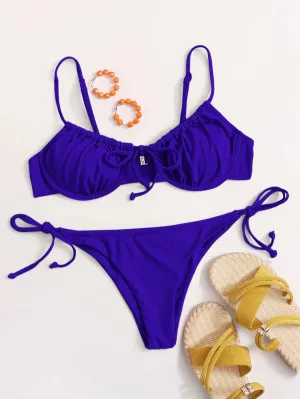 New Knot Front Underwire Tie Side Bikini Swimsuit by Shein in Royal Blue, Sz S