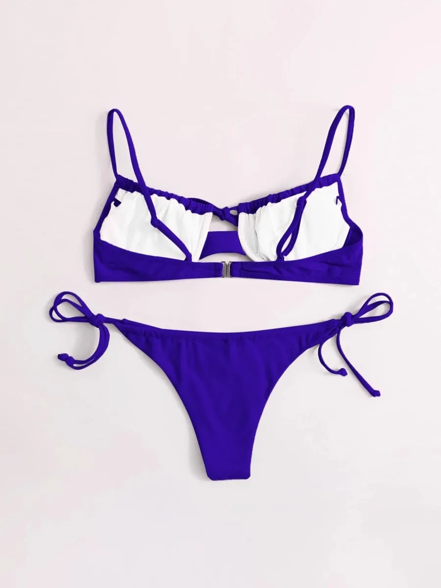 New Knot Front Underwire Tie Side Bikini Swimsuit by Shein in Royal Blue, Sz S