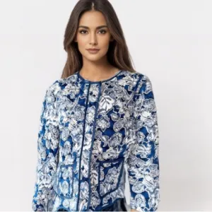NWT Rachel Zoe Blue White Cottage Core Toile Quilted Cotton Jacket XL