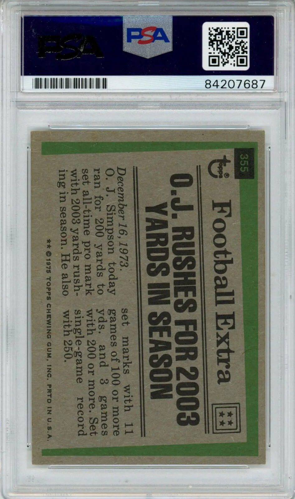 O.J. Simpson Signed 1975 Topps Record Holders #355 Trading Card PSA Slab 43750