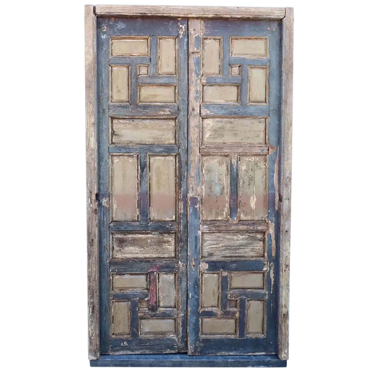 Pair of Spanish Baroque Style Painted Pine Paneled Window Shutters and Frame