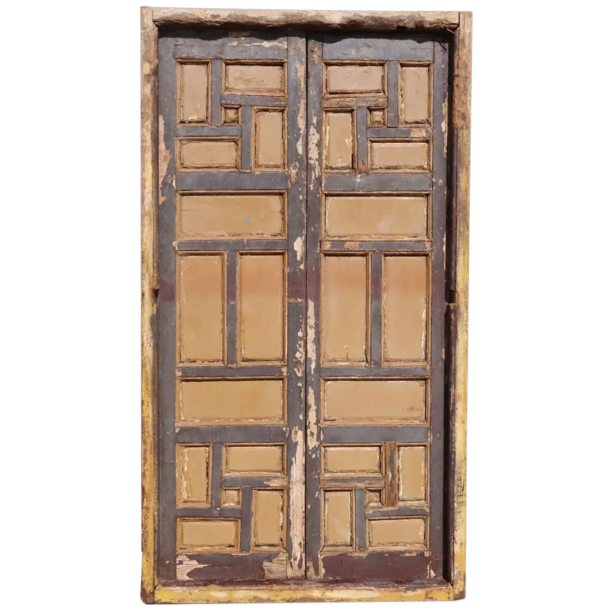 Pair of Spanish Baroque Style Painted Pine Paneled Window Shutters and Frame