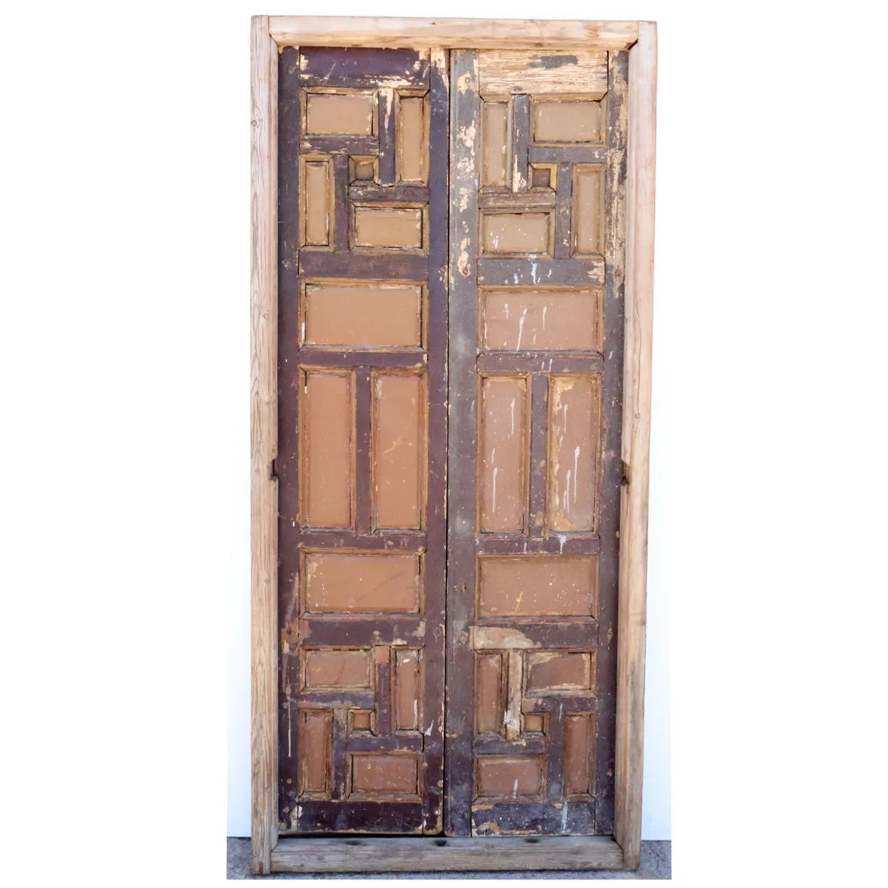 Pair of Spanish Baroque Style Painted Pine Paneled Window Shutters and Frame