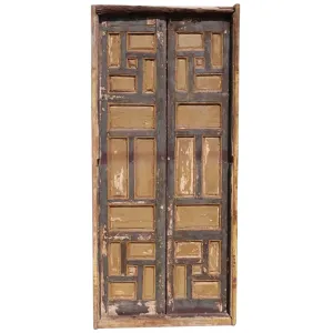 Pair of Spanish Baroque Style Painted Pine Paneled Window Shutters and Frame