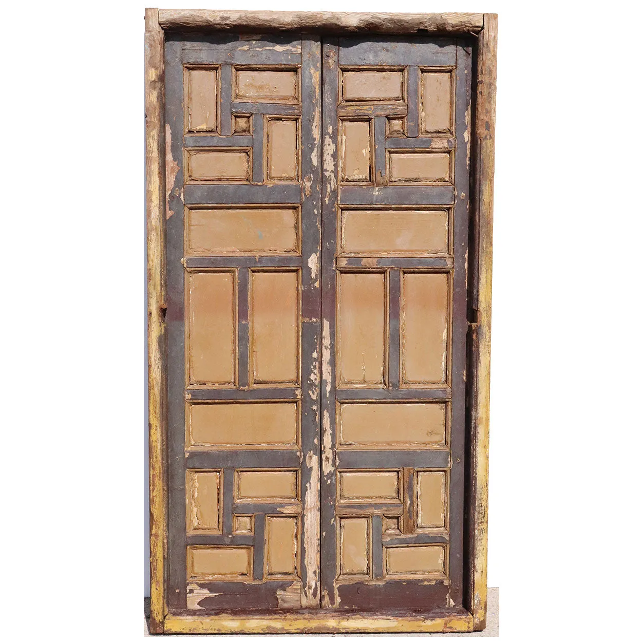 Pair of Spanish Baroque Style Painted Pine Paneled Window Shutters and Frame