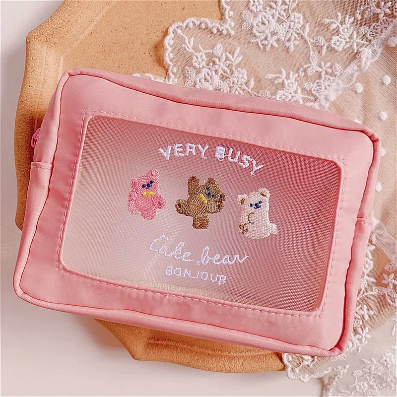 Realaiot Cute Embroidery Pencil Case Girl Bear Large Capacity Pen Pouch Ins Kawaii Makeup Storage Bag Portable Travel Organzier