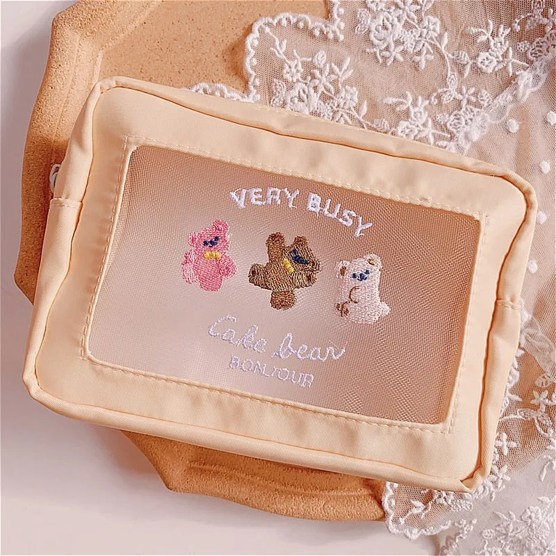 Realaiot Cute Embroidery Pencil Case Girl Bear Large Capacity Pen Pouch Ins Kawaii Makeup Storage Bag Portable Travel Organzier