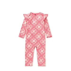 Ruffle Shoulder Baby Romper - Geometric Floral Tile