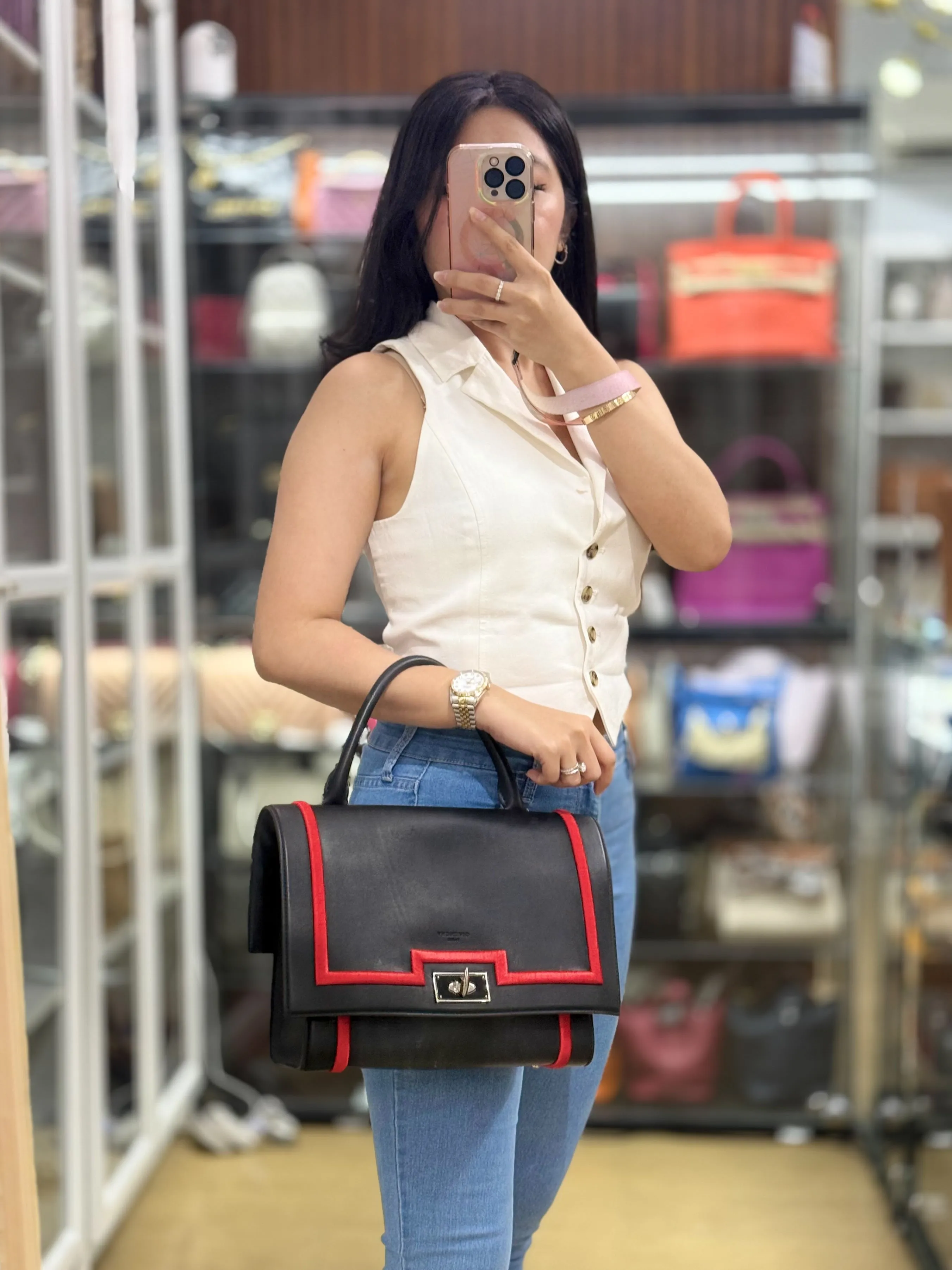 Shark Tooth Small Black/Red Calfskin Leather Shoulder Bag