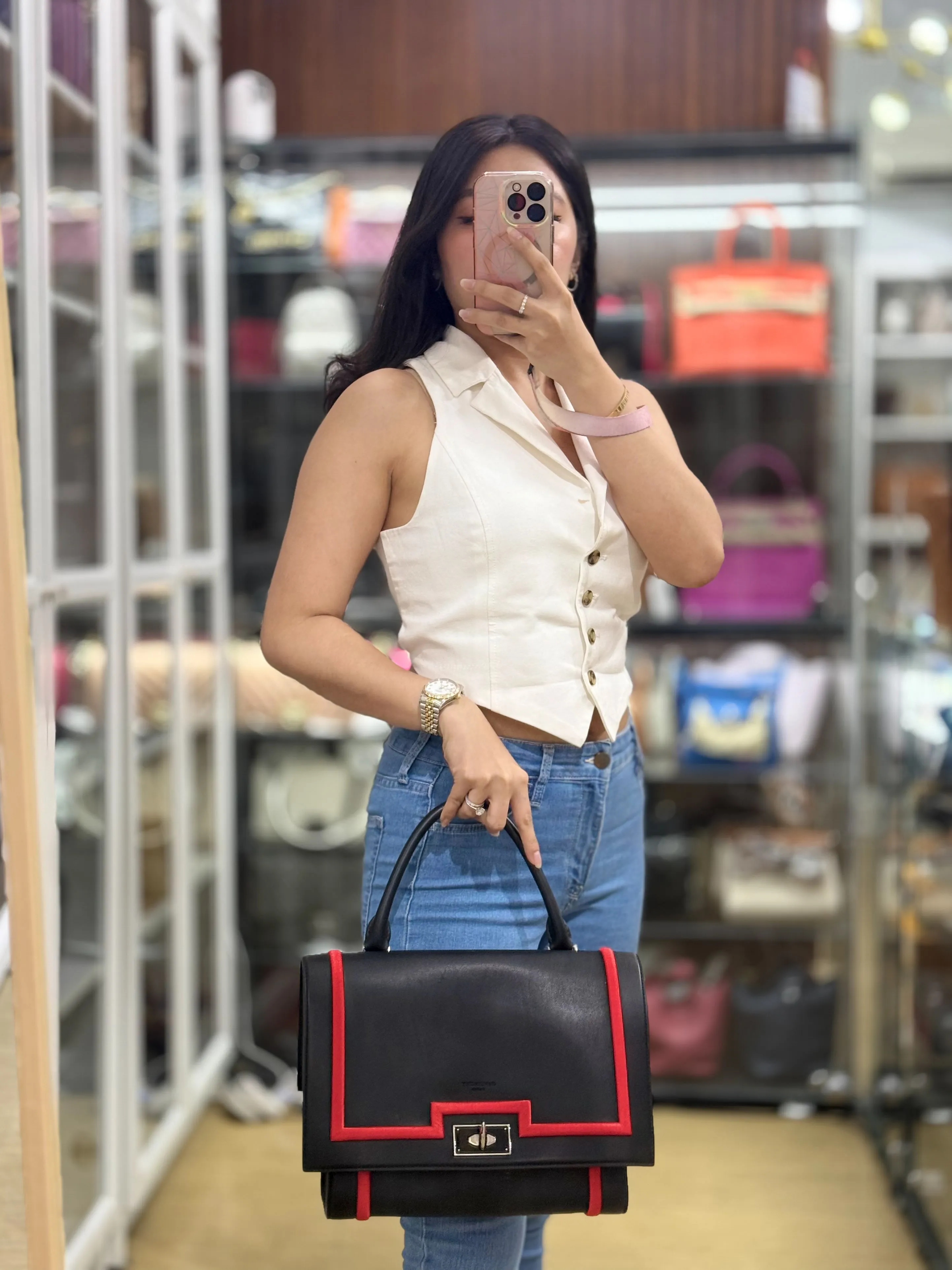 Shark Tooth Small Black/Red Calfskin Leather Shoulder Bag