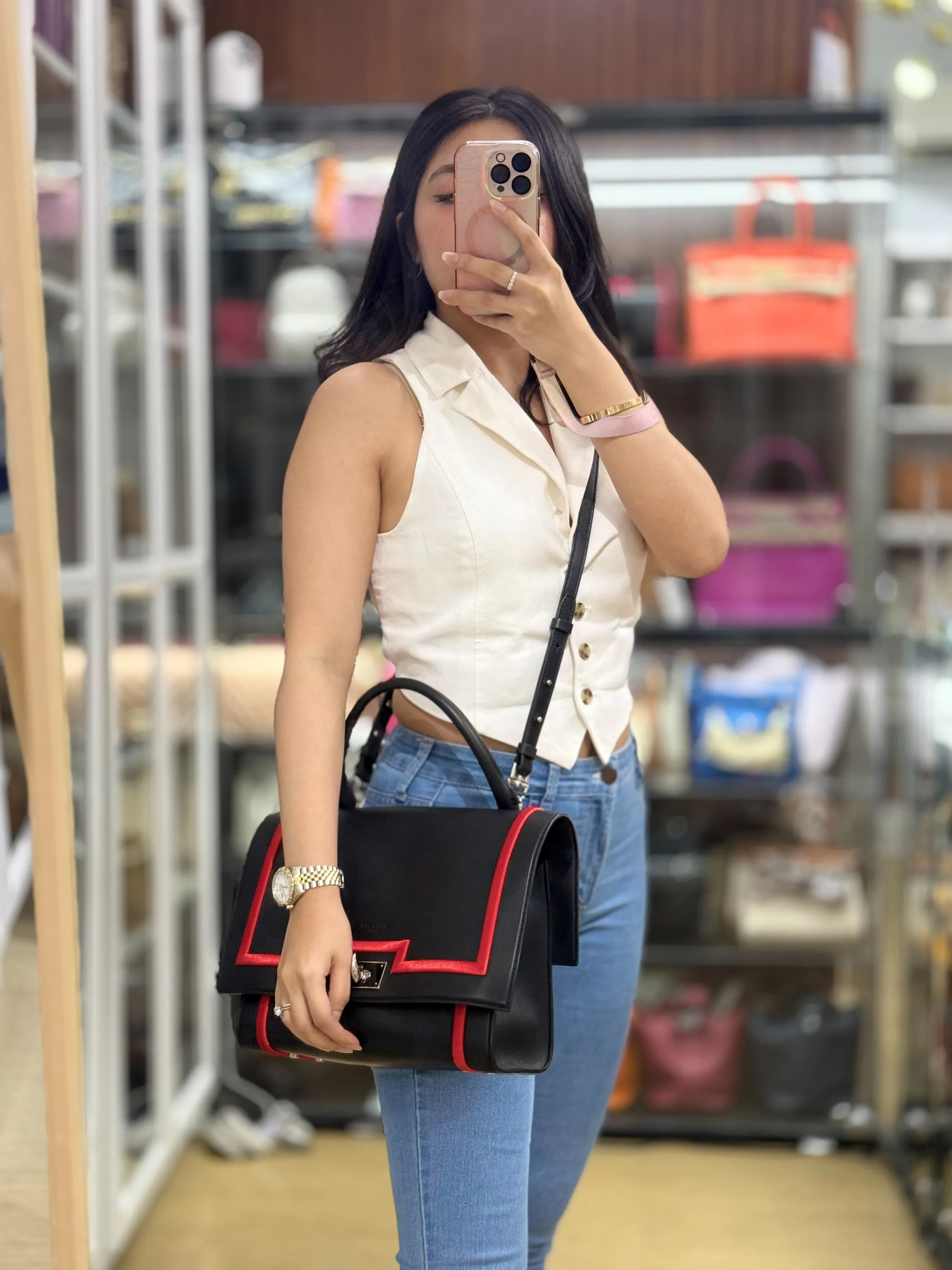 Shark Tooth Small Black/Red Calfskin Leather Shoulder Bag