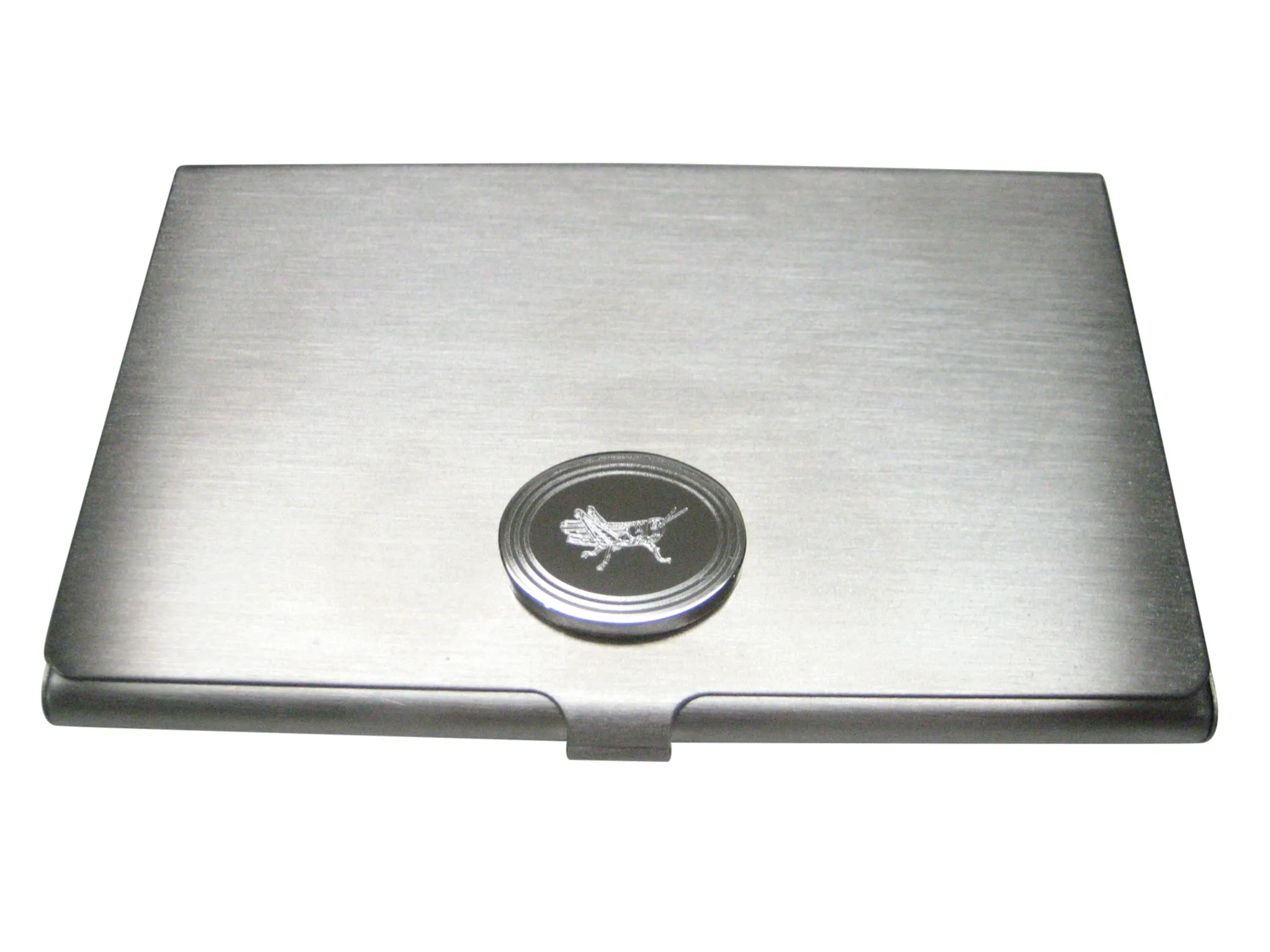 Silver Toned Etched Oval Grasshopper Locust Insect Business Card Holder