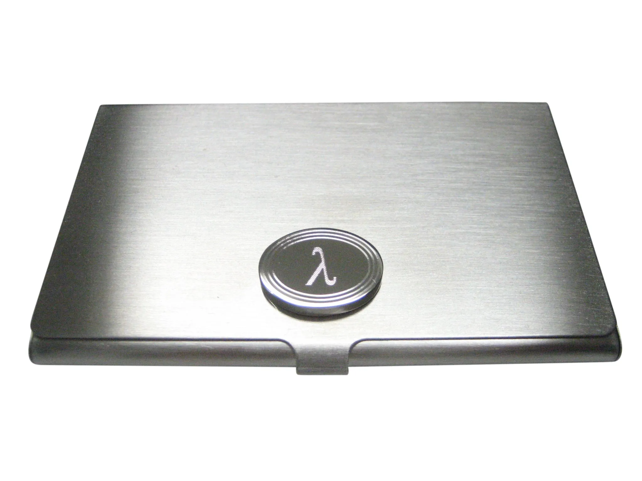 Silver Toned Etched Oval Greek Letter Lambda Pendant Business Card Holder