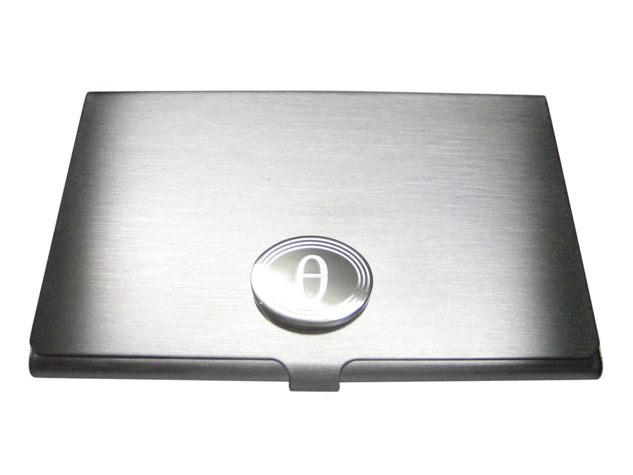 Silver Toned Etched Oval Greek Letter Theta Pendant Business Card Holder