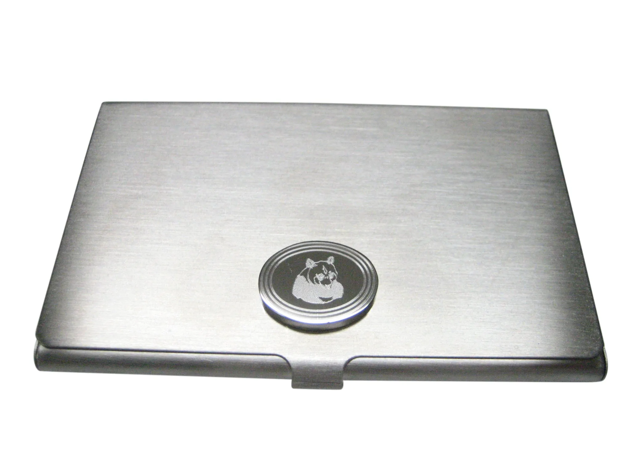 Silver Toned Etched Oval Panda Bear Business Card Holder