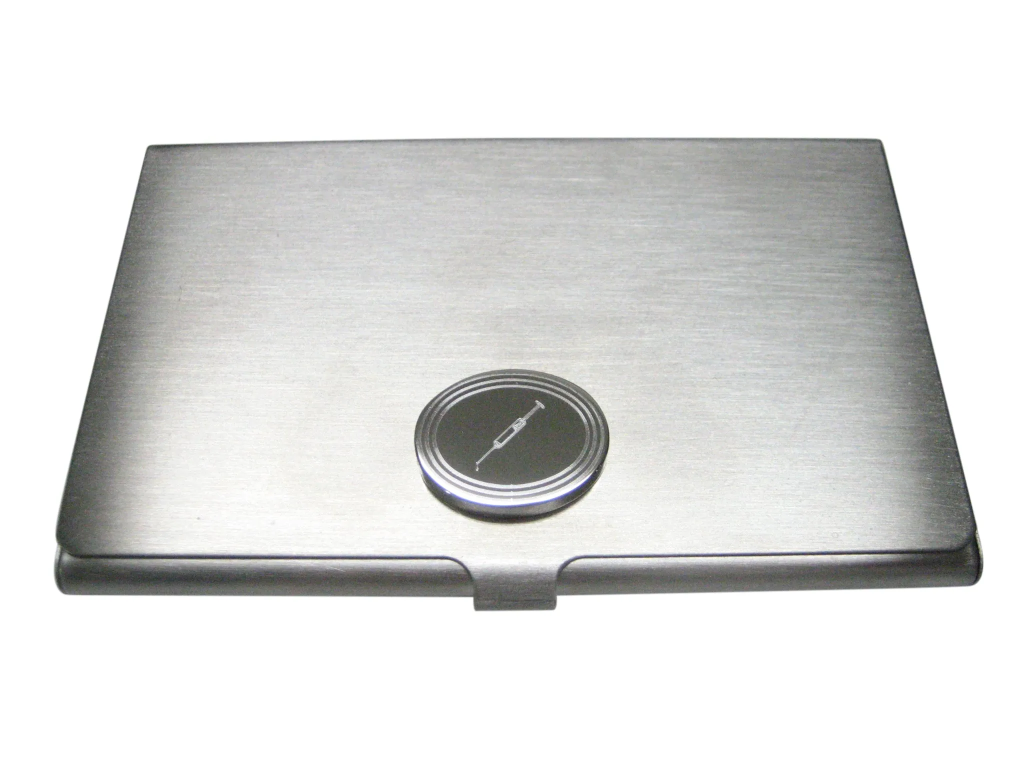 Silver Toned Etched Oval Phlebotomist Hypodermic Syringe Needle Business Card Holder