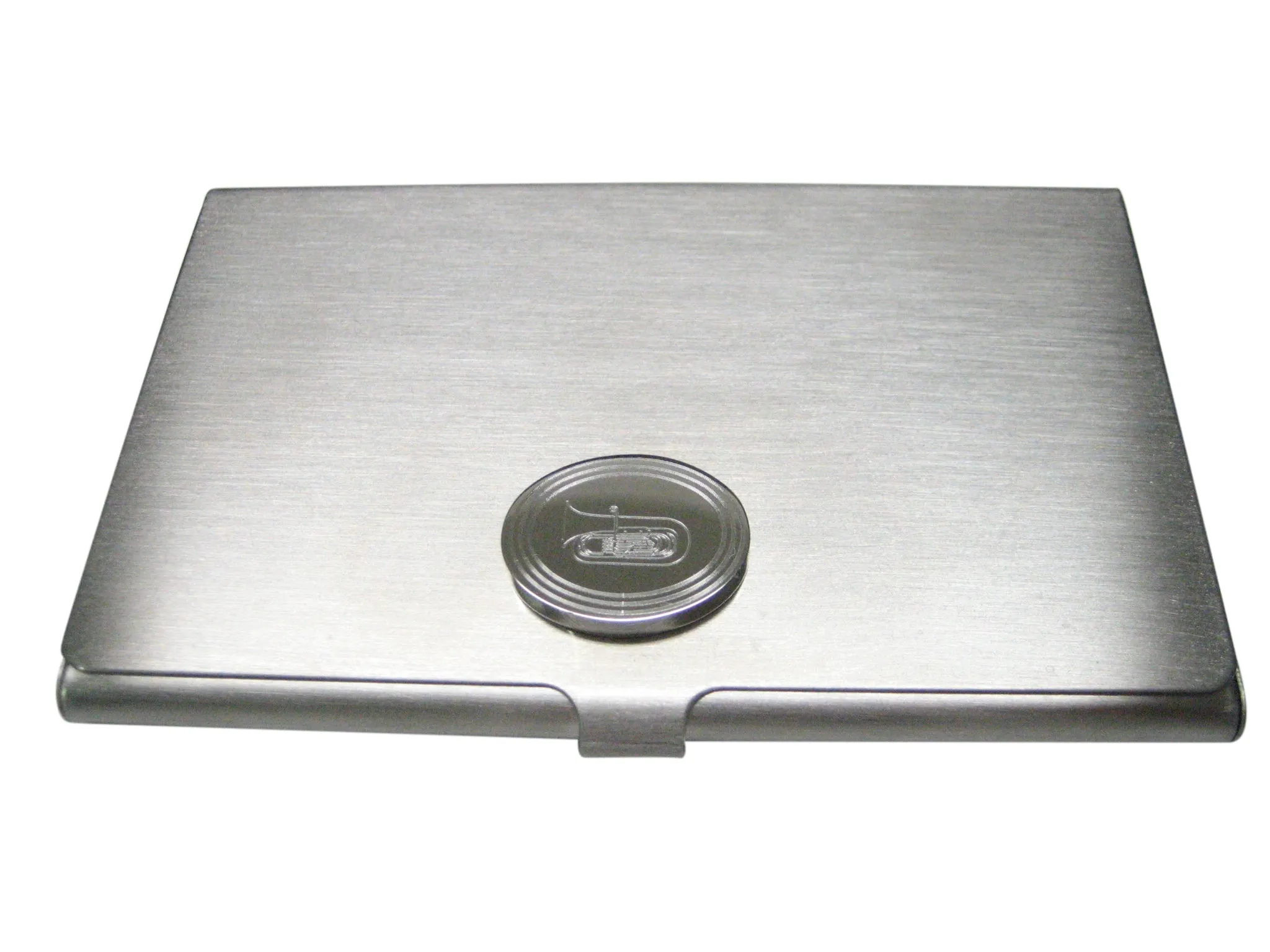 Silver Toned Etched Oval Tuba Music Instrument Business Card Holder