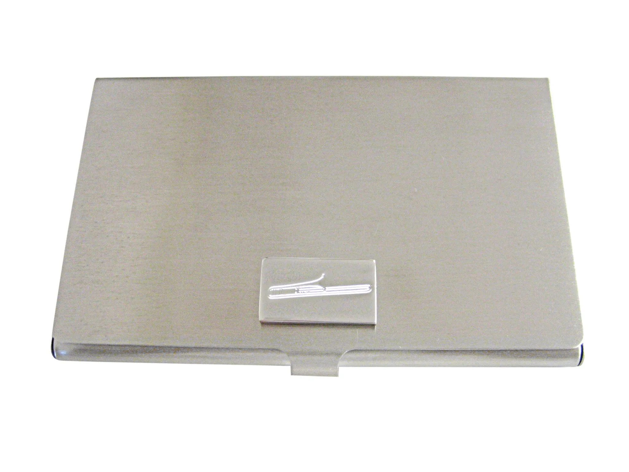 Silver Toned Etched Trombone Music Instrument Business Card Holder