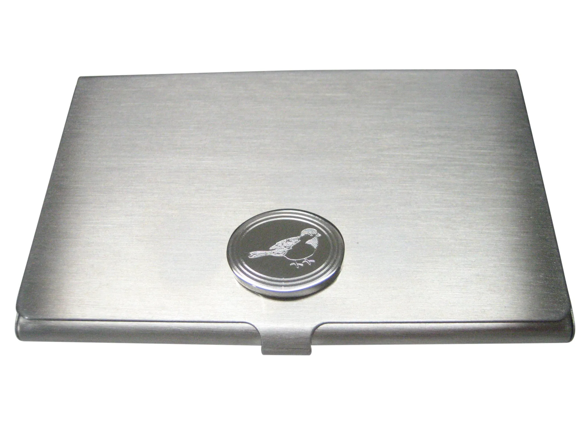 Silver Toned Oval Etched Chickadee Bird Business Card Holder