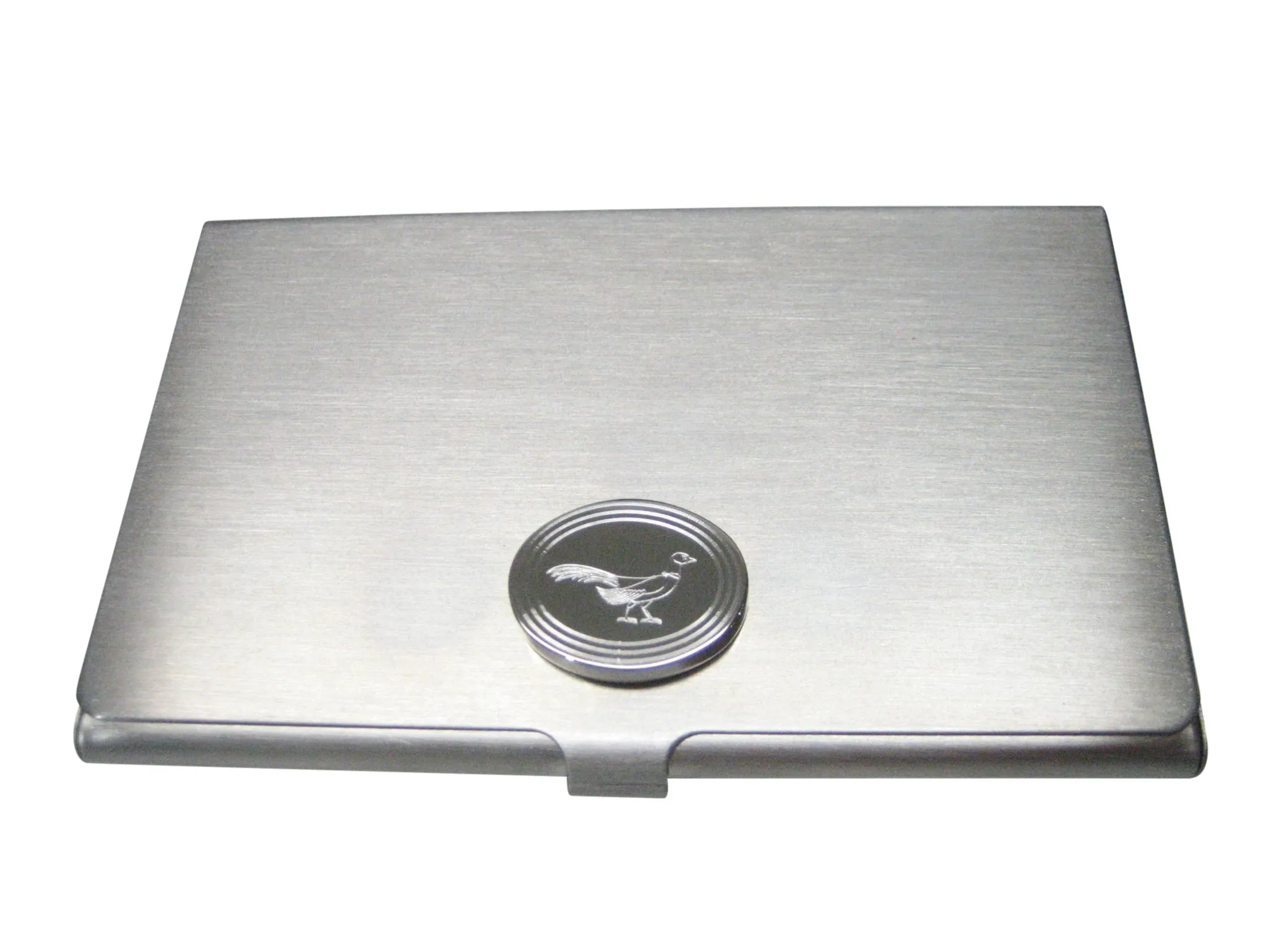 Silver Toned Oval Etched Pheasant Bird Business Card Holder