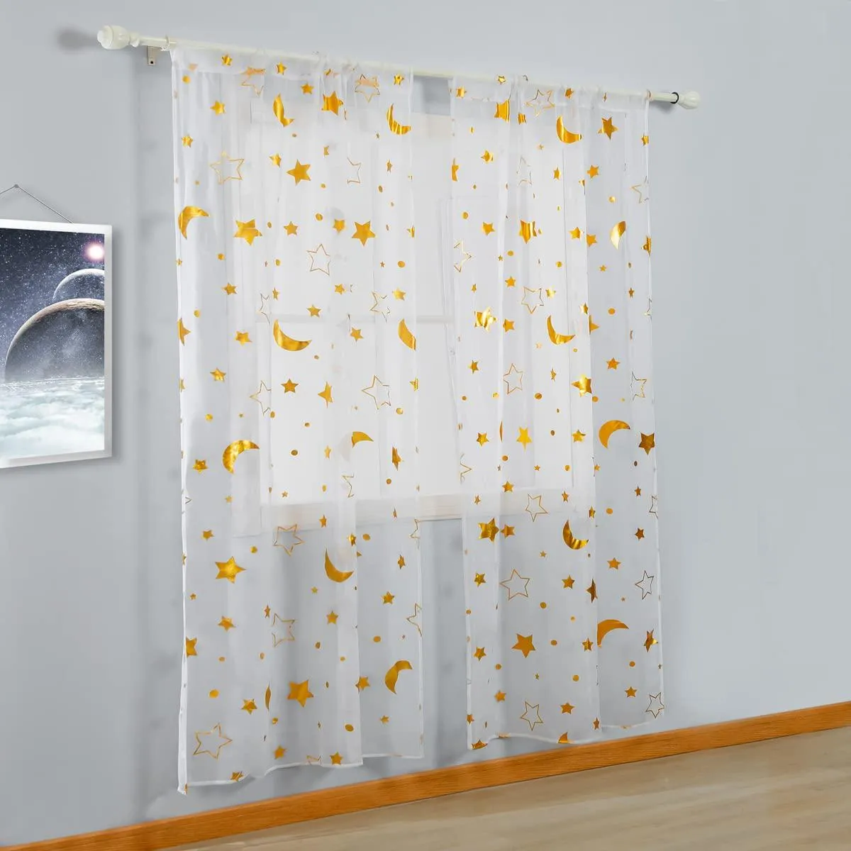 Star Moon Sheer Curtains Rod Pocket Golden Foil Print Moon Curtains White Sheer Semi Sheer Curtains (2 Panels)