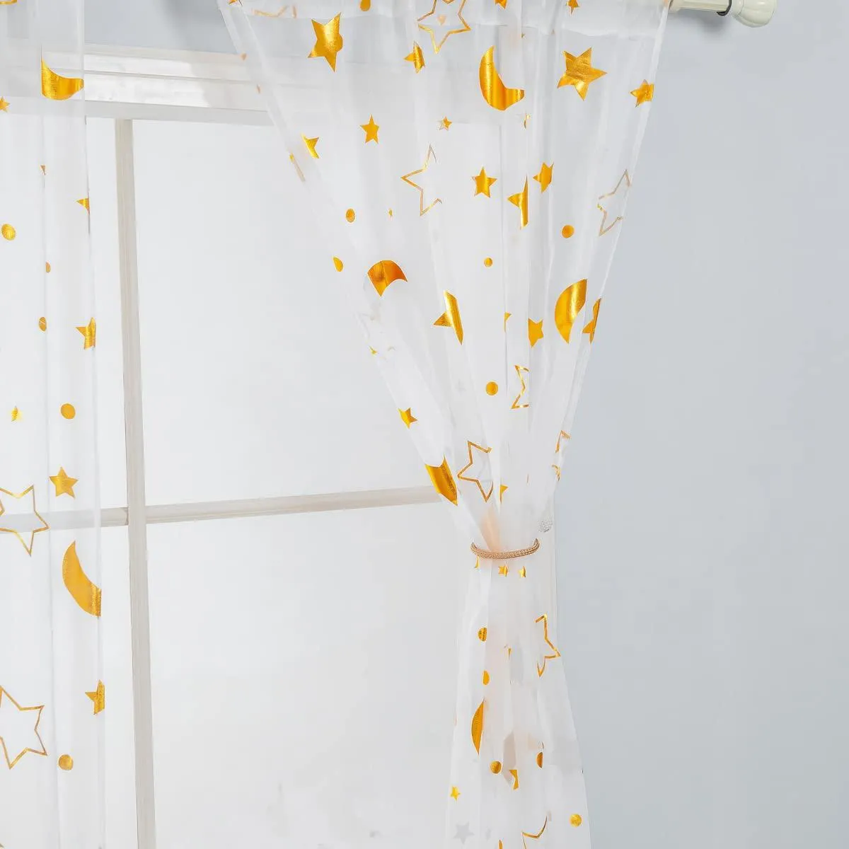 Star Moon Sheer Curtains Rod Pocket Golden Foil Print Moon Curtains White Sheer Semi Sheer Curtains (2 Panels)