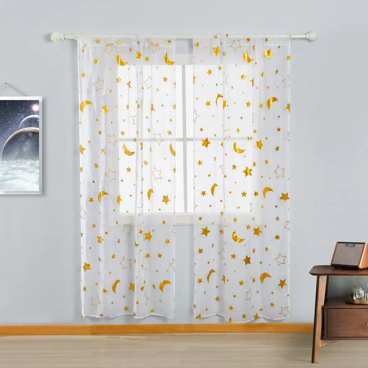 Star Moon Sheer Curtains Rod Pocket Golden Foil Print Moon Curtains White Sheer Semi Sheer Curtains (2 Panels)