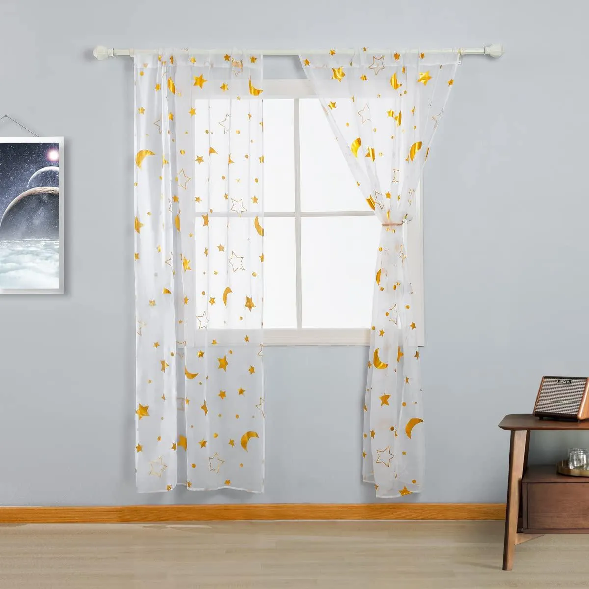 Star Moon Sheer Curtains Rod Pocket Golden Foil Print Moon Curtains White Sheer Semi Sheer Curtains (2 Panels)
