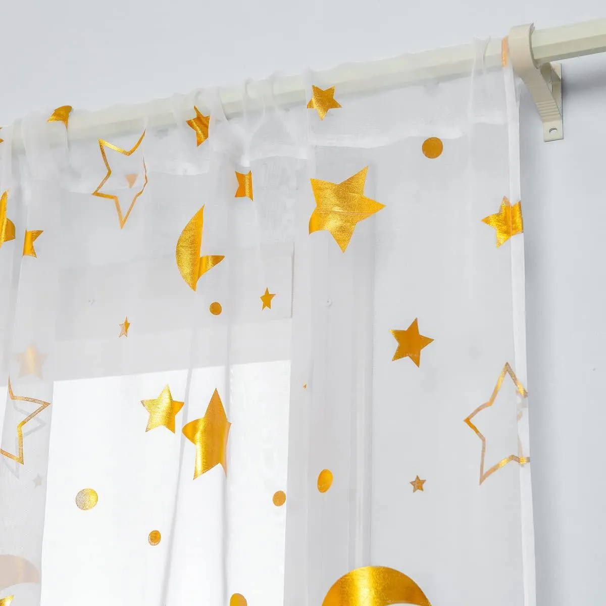 Star Moon Sheer Curtains Rod Pocket Golden Foil Print Moon Curtains White Sheer Semi Sheer Curtains (2 Panels)