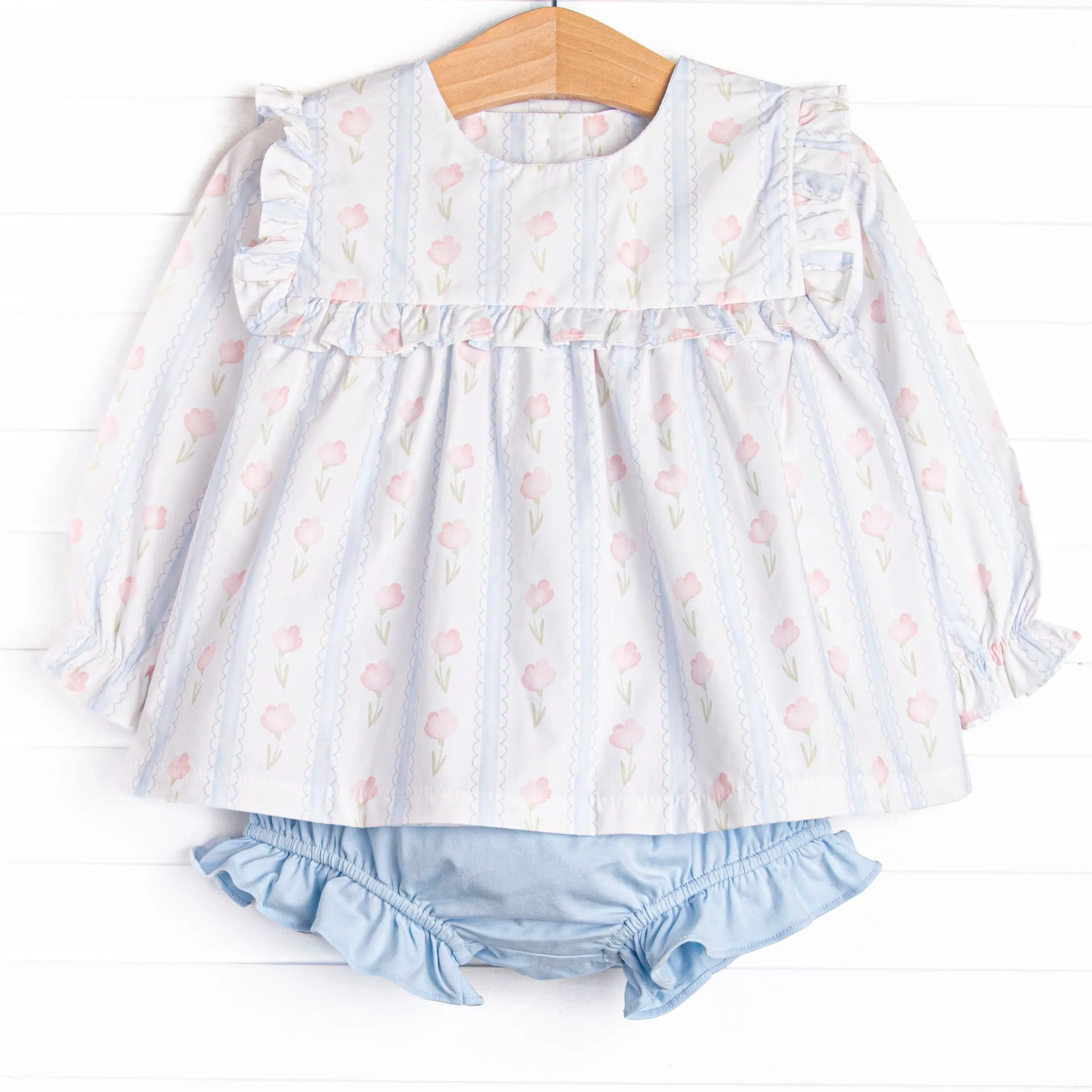 Sweet Pea Stripes Ruffle Bib Diaper Set, Blue