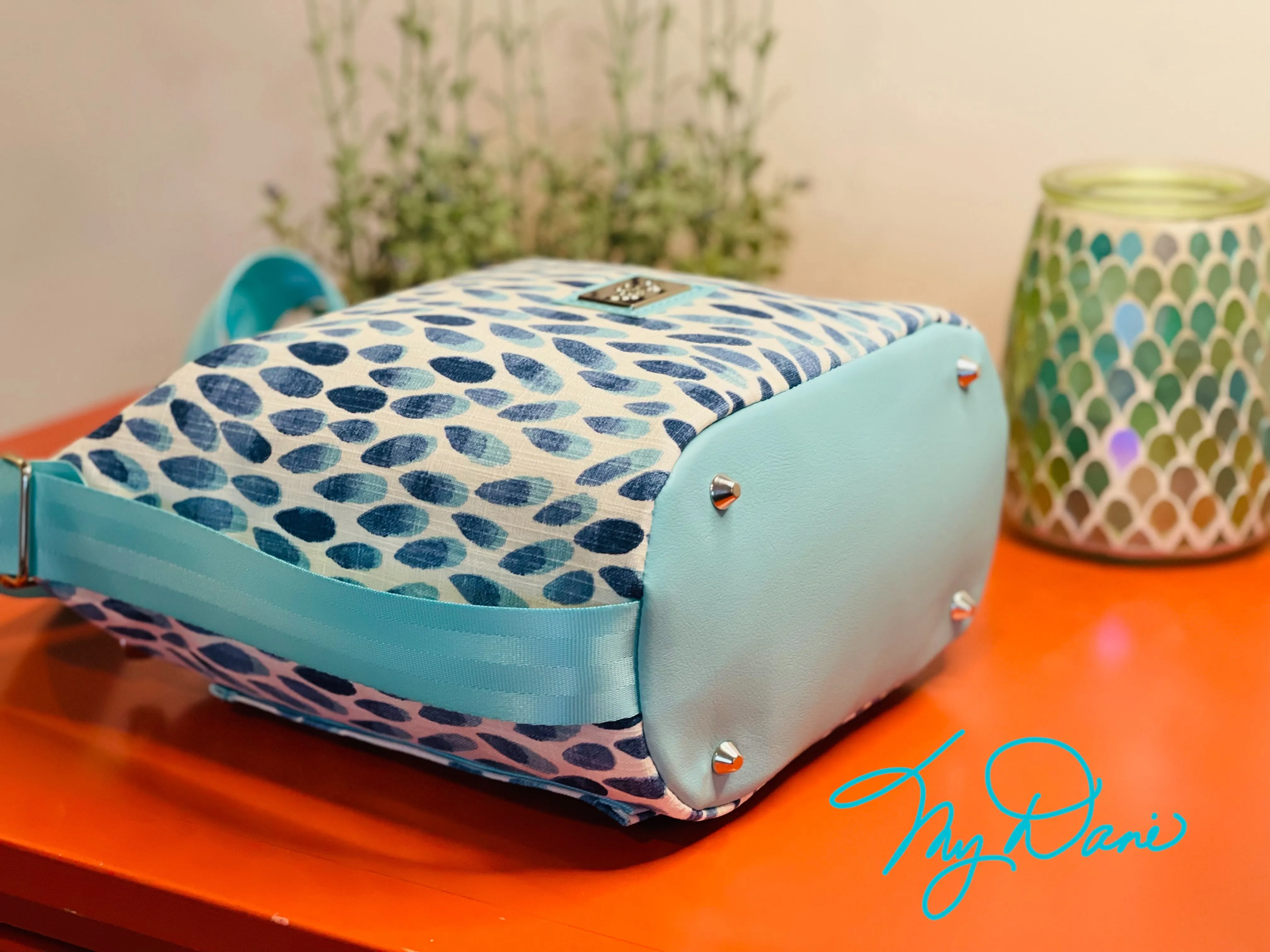 The Mini Krystal Convertible Handbag in Blue Tear Drop Italian Linen
