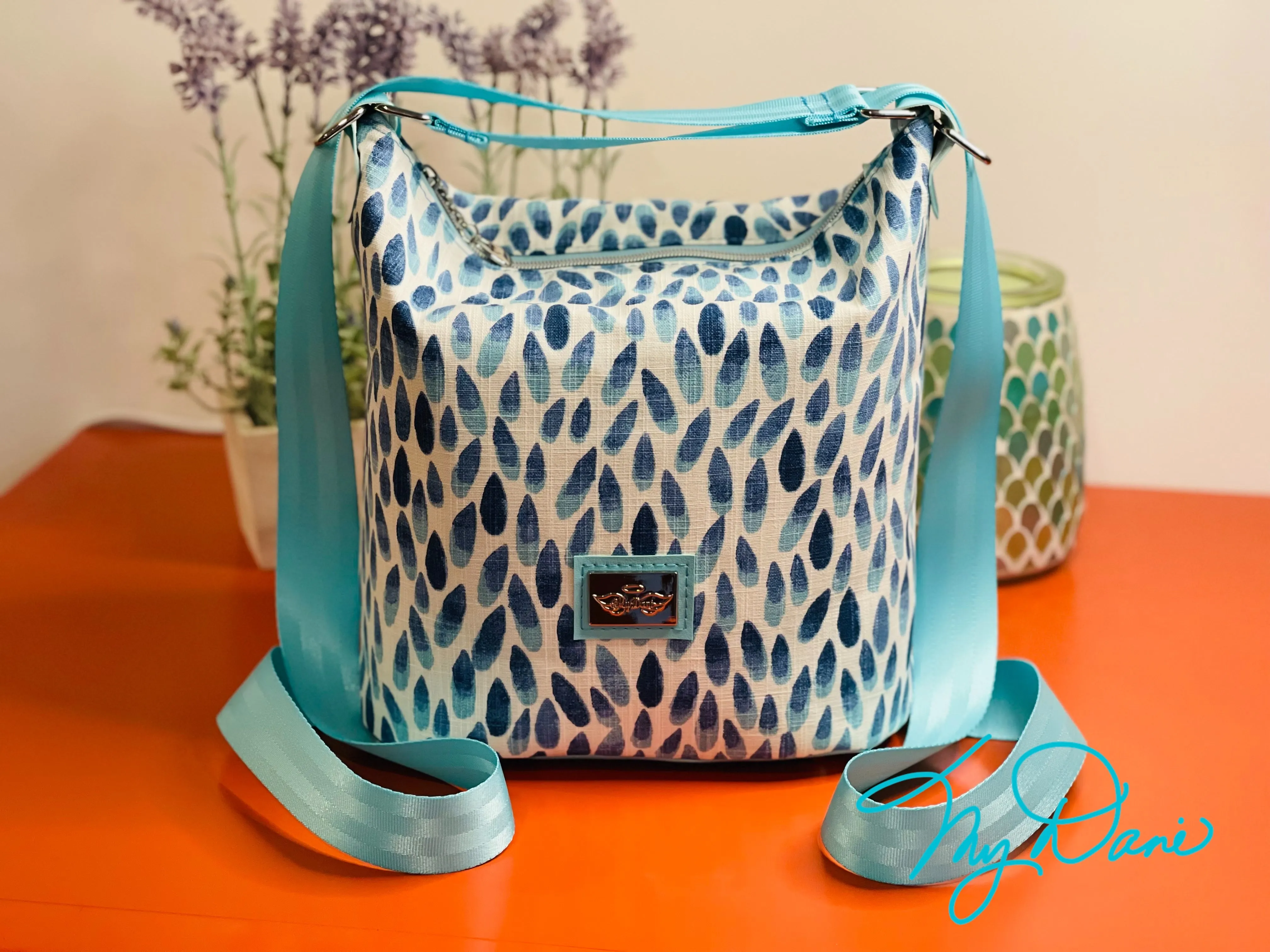 The Mini Krystal Convertible Handbag in Blue Tear Drop Italian Linen