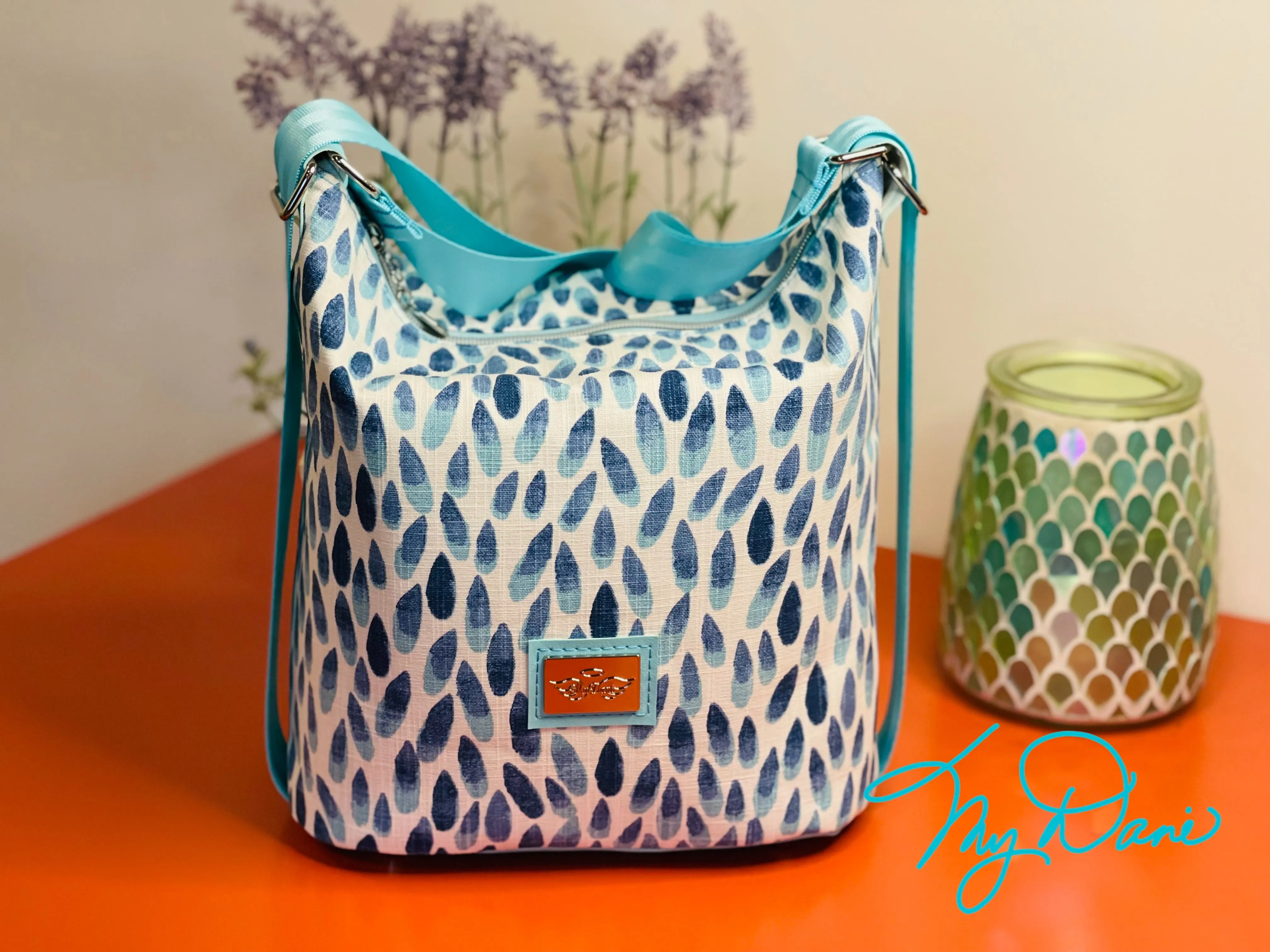 The Mini Krystal Convertible Handbag in Blue Tear Drop Italian Linen