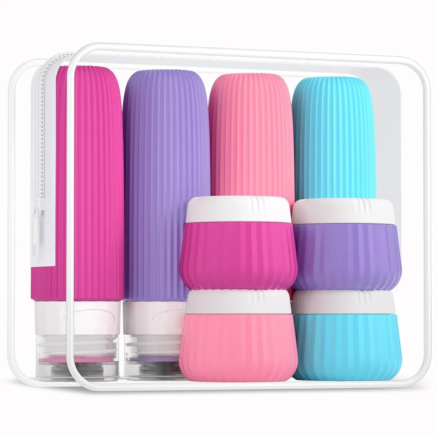 Travel Bottles for Toiletries 8 Pack, Tsa Approved Travel Size Toiletries 3 Oz, Travel Containers for Toiletries, with Clear Bag, Leak Proof Silicone Squeezable Travel Essentials Creams Jars
