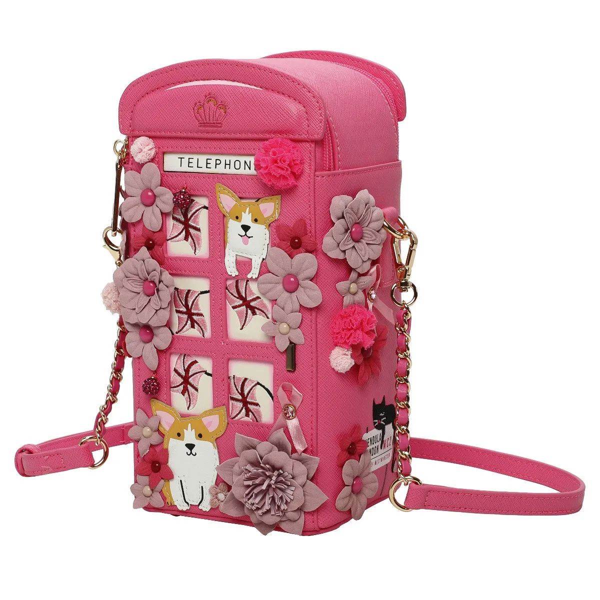 Vendula London - Pink Ribbon London Cats & Corgis Floral Pink Telephone Box