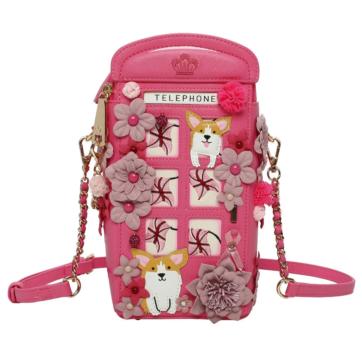 Vendula London - Pink Ribbon London Cats & Corgis Floral Pink Telephone Box